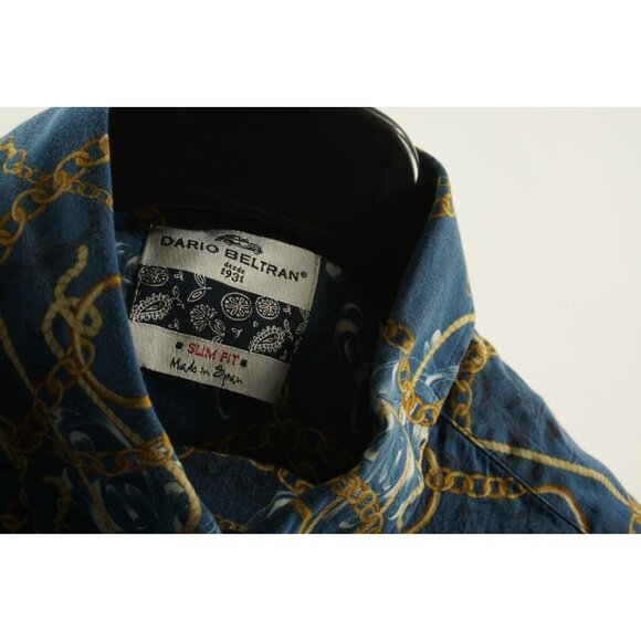 Dario Beltran Spain Men's Large Long Sleeve Blue Gold Chain Button Down Shirt - Picture 4 of 9